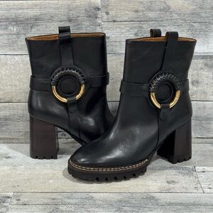 SEE BY CHLOE Hana Ankle Boots Black Leather Harness Lug Sole Heel Booties - Sz-7